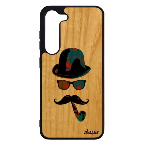 Coque S23 bois silicone portrait design moustache tag vintage pipe peinture homme smartphone monsieur bleu portable Samsung galaxy