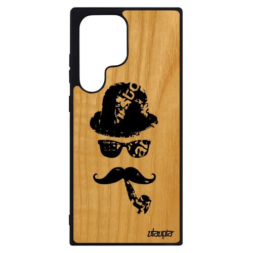Coque Moustache Samsung S23 Ultra Bois Naturel Silicone Noir Pipe Peinture Monsieur Chapeau Melon Etui Homme Charlie Chaplin Galaxy