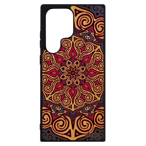 Coque bois silicone pour Galaxy S23 Ultra Mandala oriental indien rosace couleur Violet design bouddhisme noir geometrique Samsung