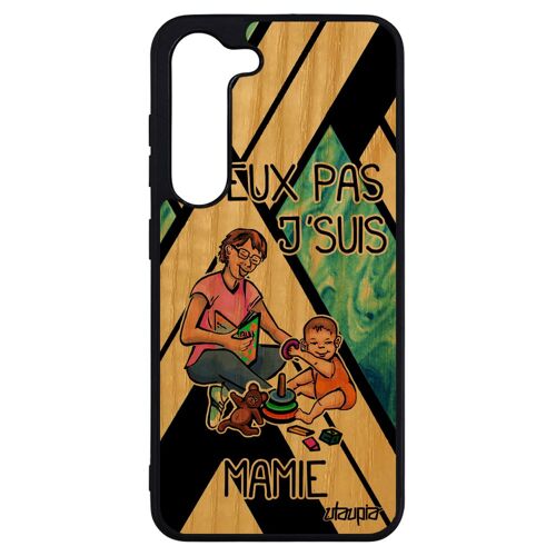 Coque Samsung Galaxy S23+ Plus bois silicone j'peux pas j'suis mamie antichoc mobile je case bleu texte telephone naissance fille de