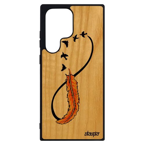 Coque en bois de protection S23 Ultra et silicone infini smartphone oiseau sans fin plume amour nuage case Jaune Samsung galaxy