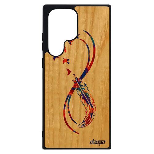 Coque infini Samsung Galaxy S23 Ultra en bois silicone fille eternel unique plume portable oiseau multicolore 4G Orange imprimé case