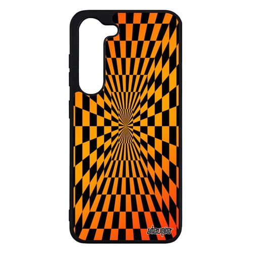 Coque Samsung S23 silicone illusion d'optique etui effet graphique carre geometrique carreaux orange dégradé bumper magie de galaxy