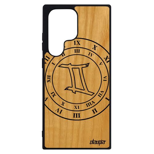 Coque Galaxy S23 Ultra En Bois Silicone Signe Astrologique Gemeaux Etoiles Horloge Sm-S918b/Ds Horoscope Original Noir De Samsung