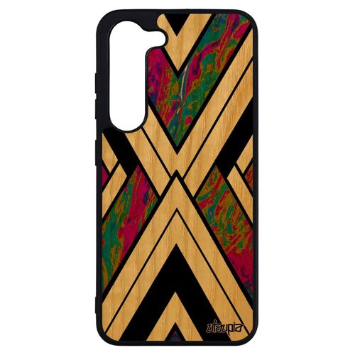 Coque pour S23+ Plus en bois et silicone marbre geometrique fond violet design effet fait main portable contemporain Samsung galaxy