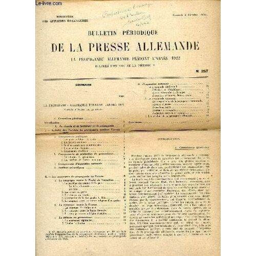Bulletin Periodique De La Presse Allemande / N° 257 / Samedi 3 Fevrier 1923 / La Propagande Allemande Pendant L'annee 1922.