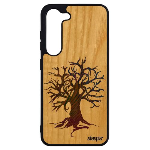 Coque en bois naturel pour S23+ Plus et silicone peinture arbre de vie nature jaune bumper zen portable ecologie etui Samsung galaxy