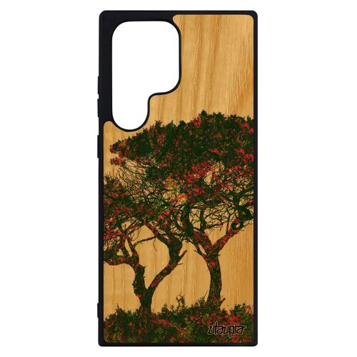Coque en bois pour S23 Ultra silicone arbres fleurs zen vert ecolo design feuilles peinture case nature paysage de Samsung galaxy