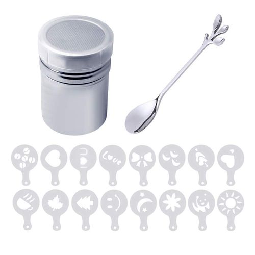 Shaker À Poudre, Tamis À Café En Acier Inoxydable Avec 16 Pochoirs À Café Barista Et Une Cuillère À Café