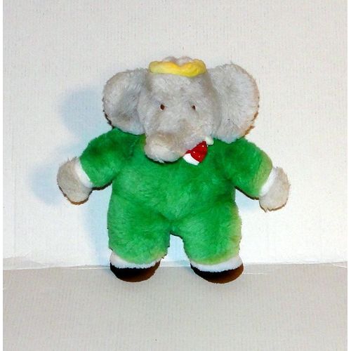 Doudou Babar Hochet 20 Cm Peluche Elephant Gris Vert