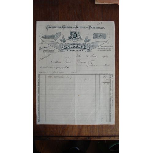 Ancienne Facture 1910 "Maison Barthes.Tours. Manufacture Articles De Peche".