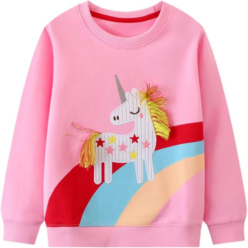 Kalanka-Sweatshirt Enfant Fille Cheval Licorne Arc-En-Ciel Pullover Sweatshirt Col Rond Coton Gris Rose Mignon Pas Cher Manches Longues Casual Tops Sport Pull Sweat-Shirt Pour Bebe Filles 2-7 Ans
