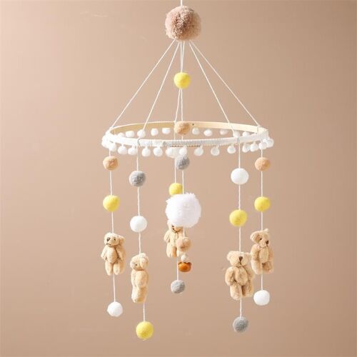Mobile Bébé En Bois Avec Boules De Feutre Chambre De Bébé Cloche De Lit Suspendue Mobile Garçon Fille Pendentif Lit De Bébé Décoration(Bear)