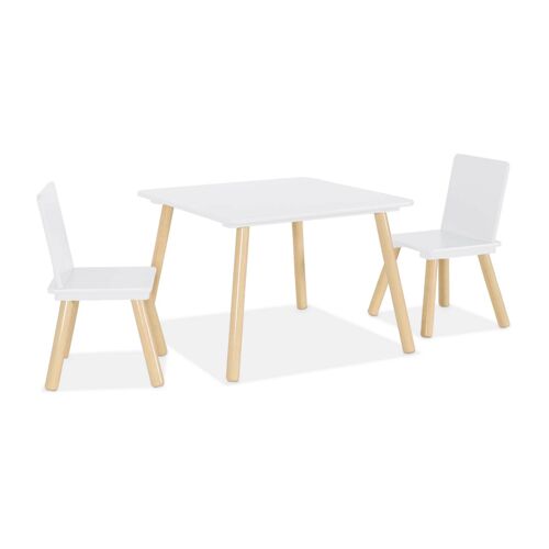 Table carrée enfant + 2 chaises, pieds pin, blanc