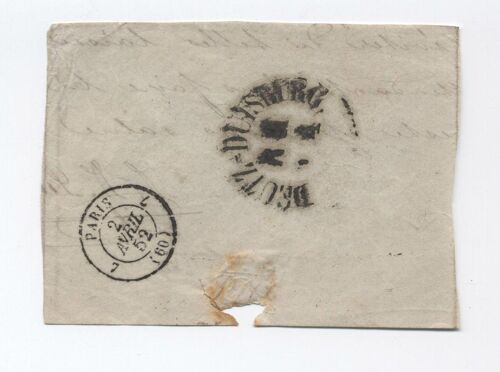Cad Duisburg (Allemagne) Et Cad Double Cercle Paris 2 Avril 1852 Sur Fragment De Lettre