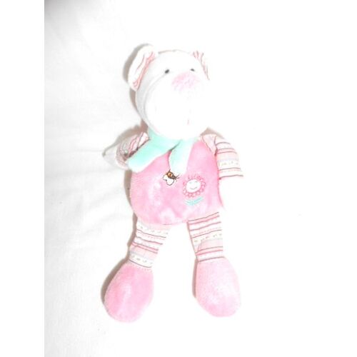 Doudou Ours Grelot Rose Fleur Abeille Pik Pok Echarpe Verte Tissu 17cm