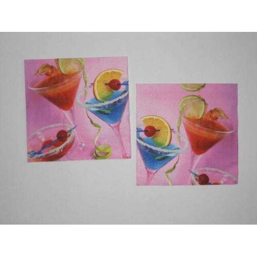 Lot De 2 Serviettes En Papier Apéritif Cocktails Fruits Citron Orange Sucre Bleu Verre À Pied Rose Bleu