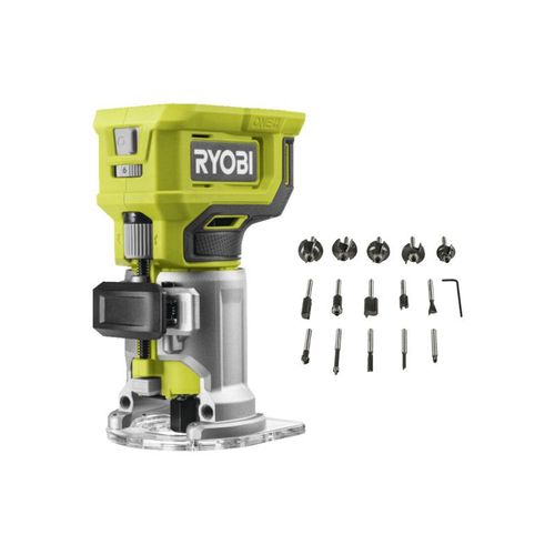 Pack RYOBI - Affleureuse à bois - RTR18-0 - 18V One+ - Sans batterie ni chargeur - Coffret 15 fraises panachées RAKRBS15 queue de diamètre 6mm