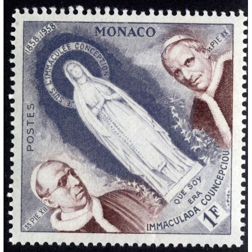 Timbre Que Soy Era Immaculada Councepciu.1858-1958.Monaco.Postes.Ss Pie Xii .Ss Pie Ix.1f.