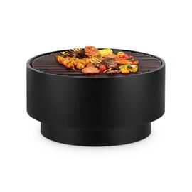 Blumfeldt Pompei Braséro De Jardin Ø 60 Cm & Grill Barbecue Chromée Ø 56 Cm , Surface De Gril 60 X 40 Cm (Øxh) , Plateau De Table En Bambou - Noir