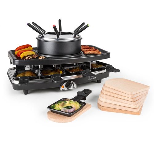 Klarstein Entrecote 2-En-1 Appareil Á Raclette Et Fondue 1100 W , Plaque En Pierre Naturelle , Planchettes En Bois , Service Pour 8 Personnes