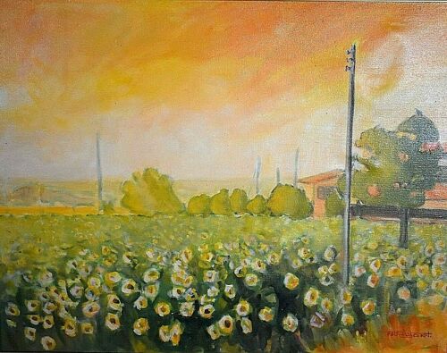 Tableau Ancien Huile Paysage Aux Tournesols Du Peintre Rodolf Fauria-Gort Fauve