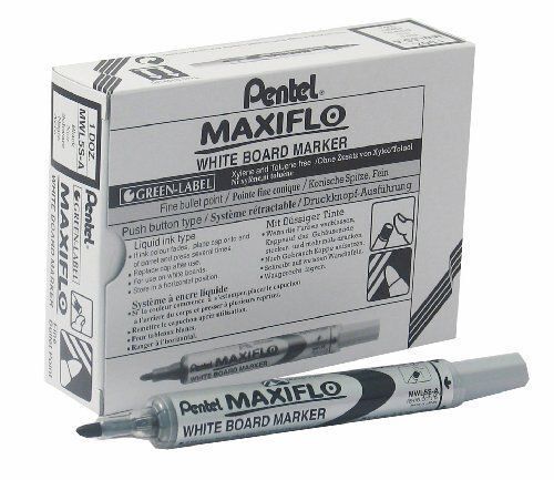 Pentel - Maxiflo - Marqueur Effaçable À Sec Tableau Blanc - Pointe Ogive - Moyenne - Encre Liquide Base Alcool Noire - Lot De 12