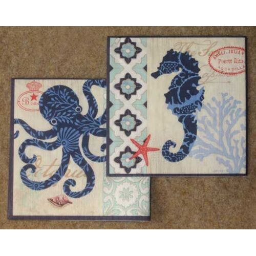 Lot De 4 Serviettes Papier Mer Bleu Hippocampe Pieuvre Beach Puerto Rico Etoile De Mer Coquillage