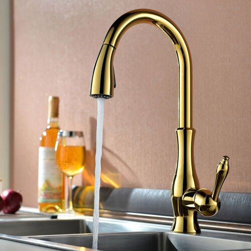 Mitigeur de cuisine moderne avec douchette et tuyau extractible doré