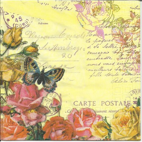 Lot De 2 Serviettes Déco Papier: Carte Postale Roses Et Papillons