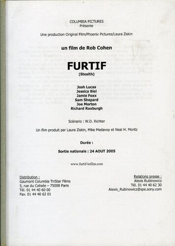Furtif (Stealth) Dossier De Presse, De Rob Cohen Avec Josh Lucas, Jessica Biel, Jamie Foxx