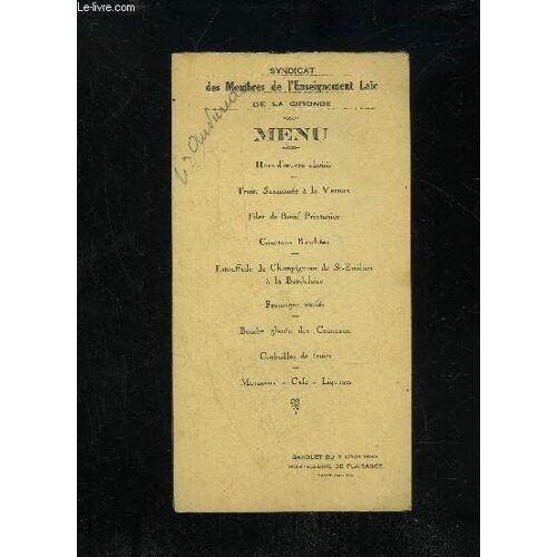Menu - Banquet Du 7 Aout 1932 - Hostellerie De Plaisance Saint Emilion