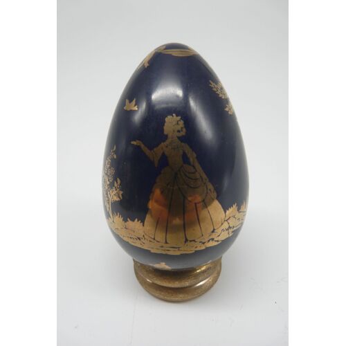 Oeuf De Collection En Ceramique Bleue A Decor Doree Avec Son Support