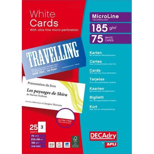 Decadry Microline Ocb3323 - Micro-Perforé - Blanc - 210 X 99 Mm - 185 G/M² - 75 Carte(S) (25 Feuille(S) X 3 Cartes De Visite Multi-Usages