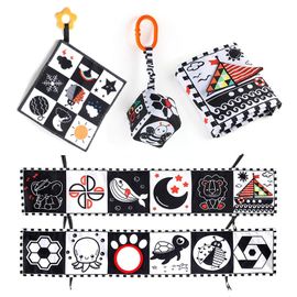 3pcs Jouet Livre Tissu Montessori Bébé Eveil 0-12 Mois - Noir Blanc Bébé Cadeau Naissance Jouet Sensoriel Hochet Bebe