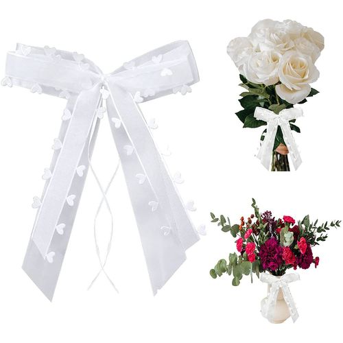 30 Pcs Noeuds Blancs avec Coeurs pour Mariage et Voitures Nuptiales - Ruban de Tull et Satin - Facile à Attacher