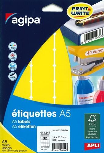 Apli-Agipa - Mat - Adhésif Permanent - Jaune - 24 X 33.5 Mm 320 Étiquette(S) (10 Feuille(S) X 32 Enveloppe Avec Eurohole - Étiquettes Multi-Emploi