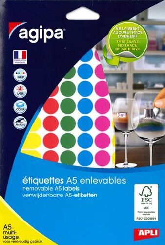 Apli-Agipa - Mat - Adhésif Amovible - Jaune, Bleu, Rouge, Rose, Vert - Arrondi 15 Mm 576 Étiquette(S) (6 Feuille(S) X 96 Étiquettes