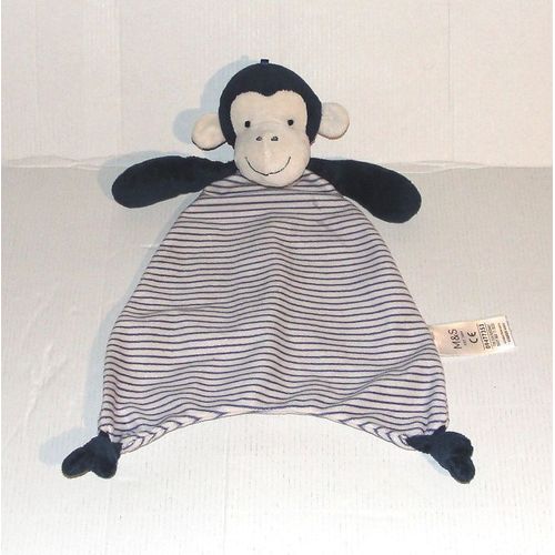 doudou plat singe bleu marine rayé blanc crème M&S MARK & SPENCER 32cm