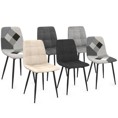 Lot De 6 Chaises Mila En Velours Gris Foncé, Gris Clair, Beige, Noir Et Patchworks Noir, Gris Et Blanc X2 Pour Salle À Manger