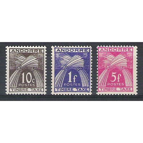 Andorre, 1946-1950, Timbres-Taxe, Type Gerbes (Légende Timbre-Taxe), N°32 + 33 + 37, Neufs.