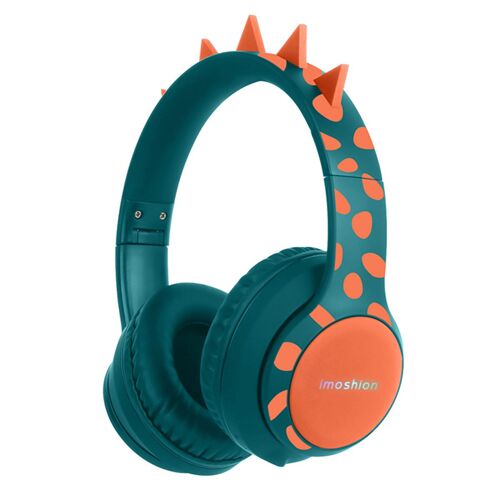 imoshion Kids Dino Bluetooth Casque Casque pour enfants avec limiteur de décibels Casque sans fil + câble AUX Petrol / Orange