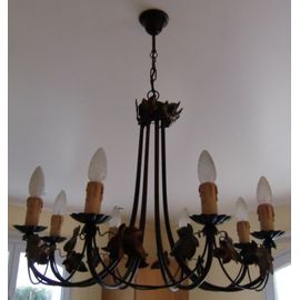 Lustre Suspension 8 Ampoules Fer Forgé Décor Feuilles Couleur Cuivre Marron Noir