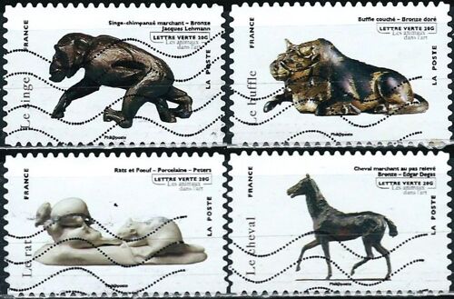 France 2013, Série Les Animaux Dans L'art, Beaux Timbres Yvert 777 Buffle Couché En Bronze Doré, 780 Rats Et Oeuf En Porcelaine, 782 Singe Chimpanzé En Bronze Et 786 Cheval En Bronze, Oblitérés, Tbe.