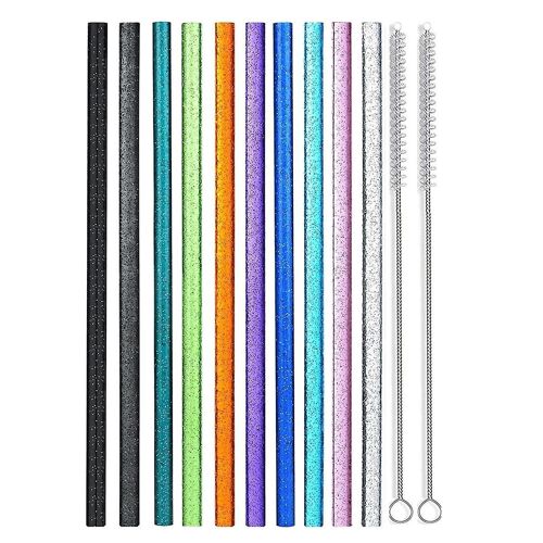 10-Pack of Colorful Replacement Glitter Straws for 40 Oz 30 Oz Glasses, Plus 2 Cleaning Brushes