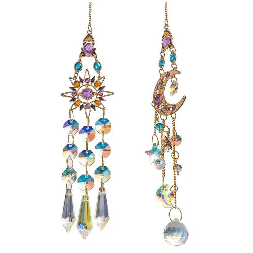 2PCS Suncatcher Crystal Pendentif Soleil Lune Fenêtre Prismes Arc-en-ciel Vintage Carillons De Vent Suspendu Lumière Catcher Décor De Jardin