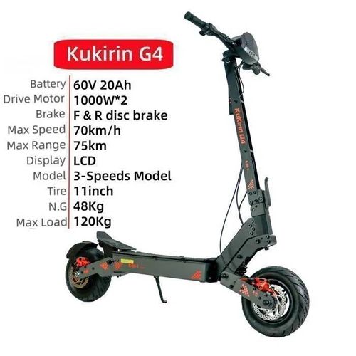 Trottinette Électrique Kukirin G4 ¿ 70 Km/H, 75 Km Autonomie, Moteur 2000w, Ipx4, Pneus 11" Tout-Terrain
