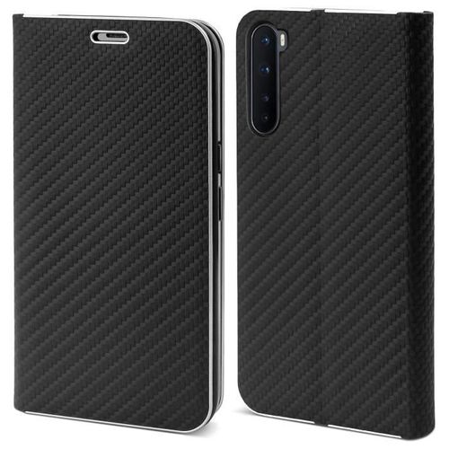 Moozy Étui Portefeuille Pour Oneplus Nord, Black Carbon - Étui À Rabat Avec Bordure Métallique, Fermeture Magnétique,