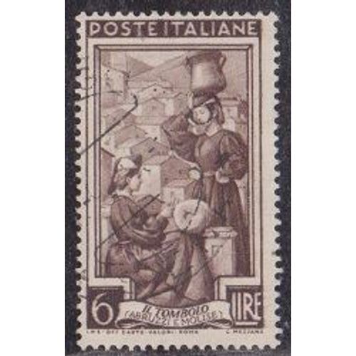 Timbre D'italie N°576 Y&t 6 L Brun-Lilas Série Courante L'italie Au Travail Brodeuse Au Tambour Et Porteuse D'eau Des Abruzzes