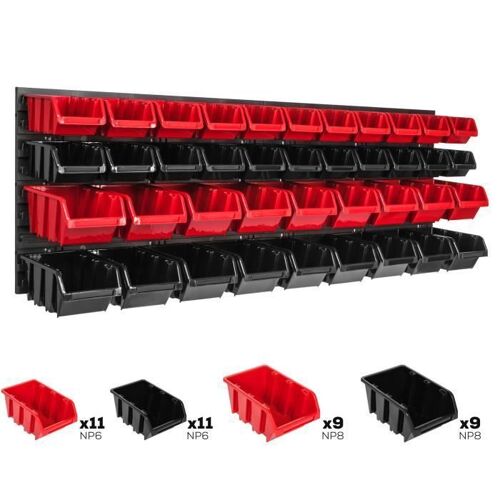 Système de rangement - BOTLE - 115 x 39 cm - 40 boîtes empilables - Rouge et Noir - Plastique